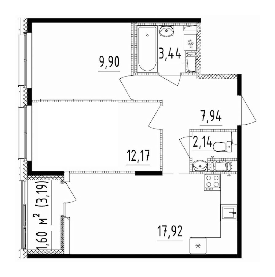 2-комнатная квартира 53.51 м², 13/14 эт., ЖК «Чёрная речка»
